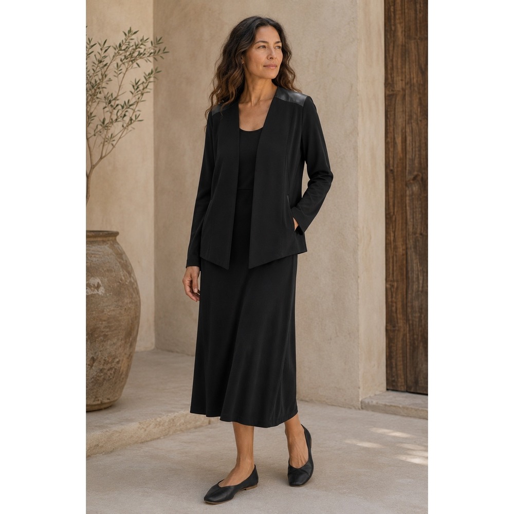 Eileen Fisher‎ LEATHER Trim Viscose Knit Blazer Open Jacket Medium
Black